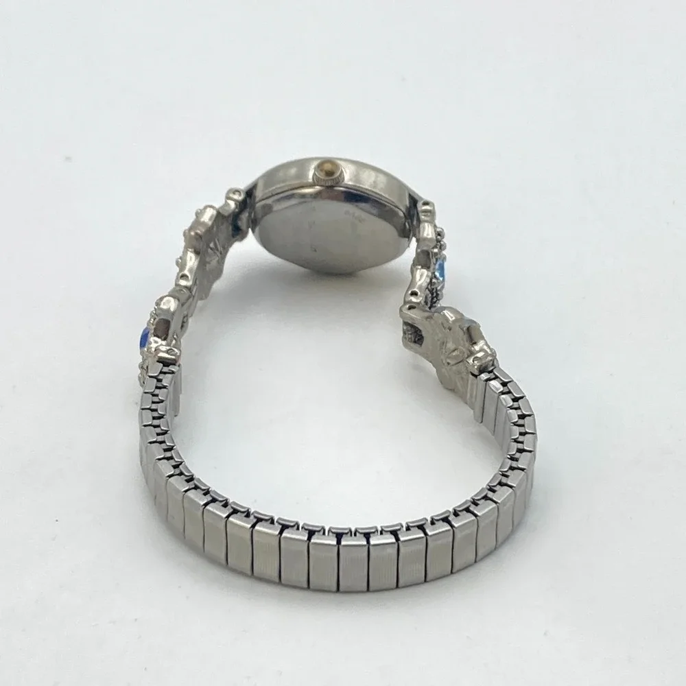Vtg LA Express Women's Watch MISSING STONE Silver Tone Blue Crystals New Battery